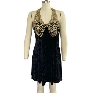 Vintage Halla in L.A. Black Velvet and Gold Halter Party Dress
